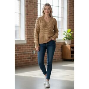 Y2K Banana Republic Italian Merino Wool Womnes Sweater Cable Knit V-neck S Beige